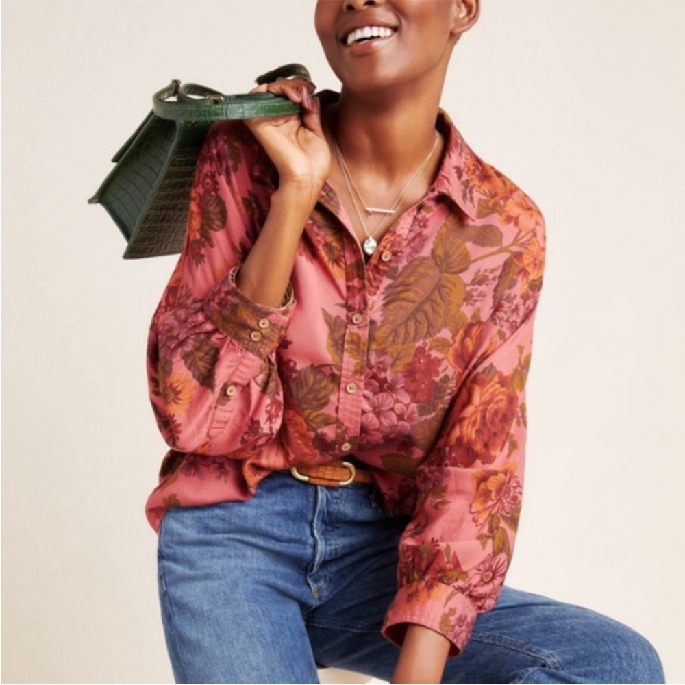 ANTHROPOLOGIE Halie Dolman-Sleeve Button Down Collared Floral Top - Picture 2 of 14